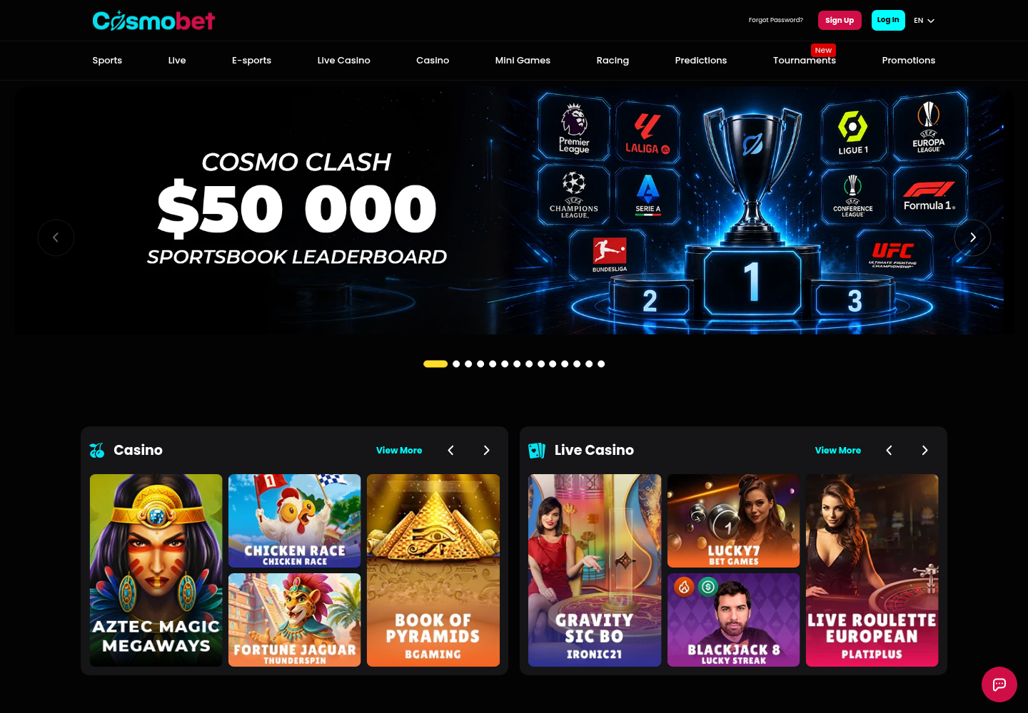 Cosmobet homepage with sports betting and casino navigation above a sportsbook promotion and casino section