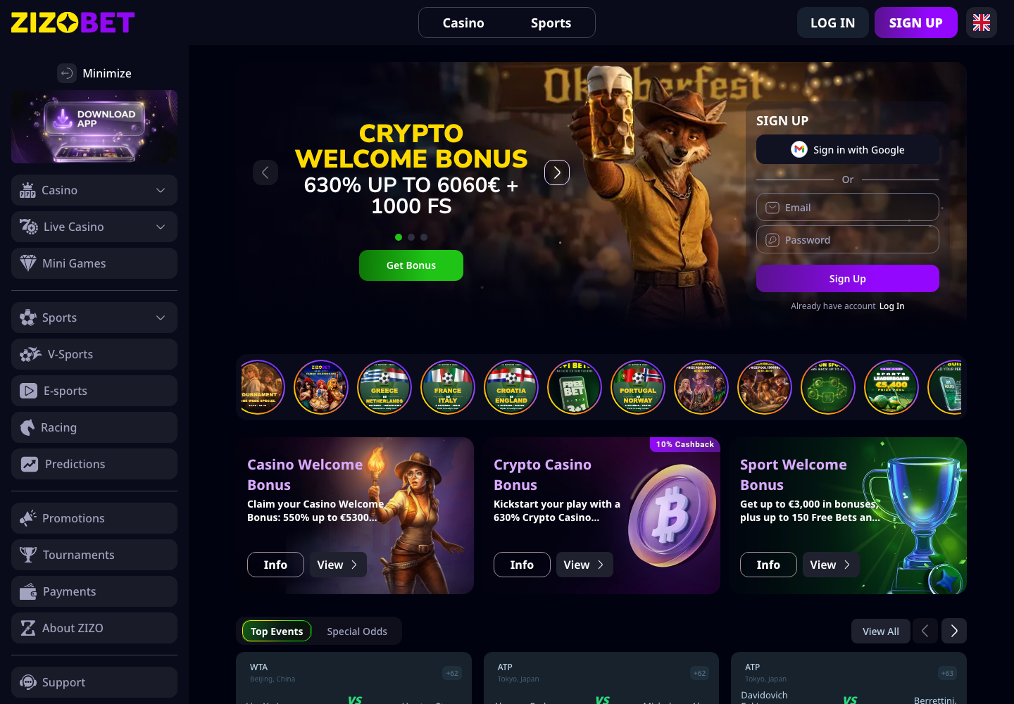 Zizobet homepage on arrival with sports and casino navigation and a crypto welcome promotion